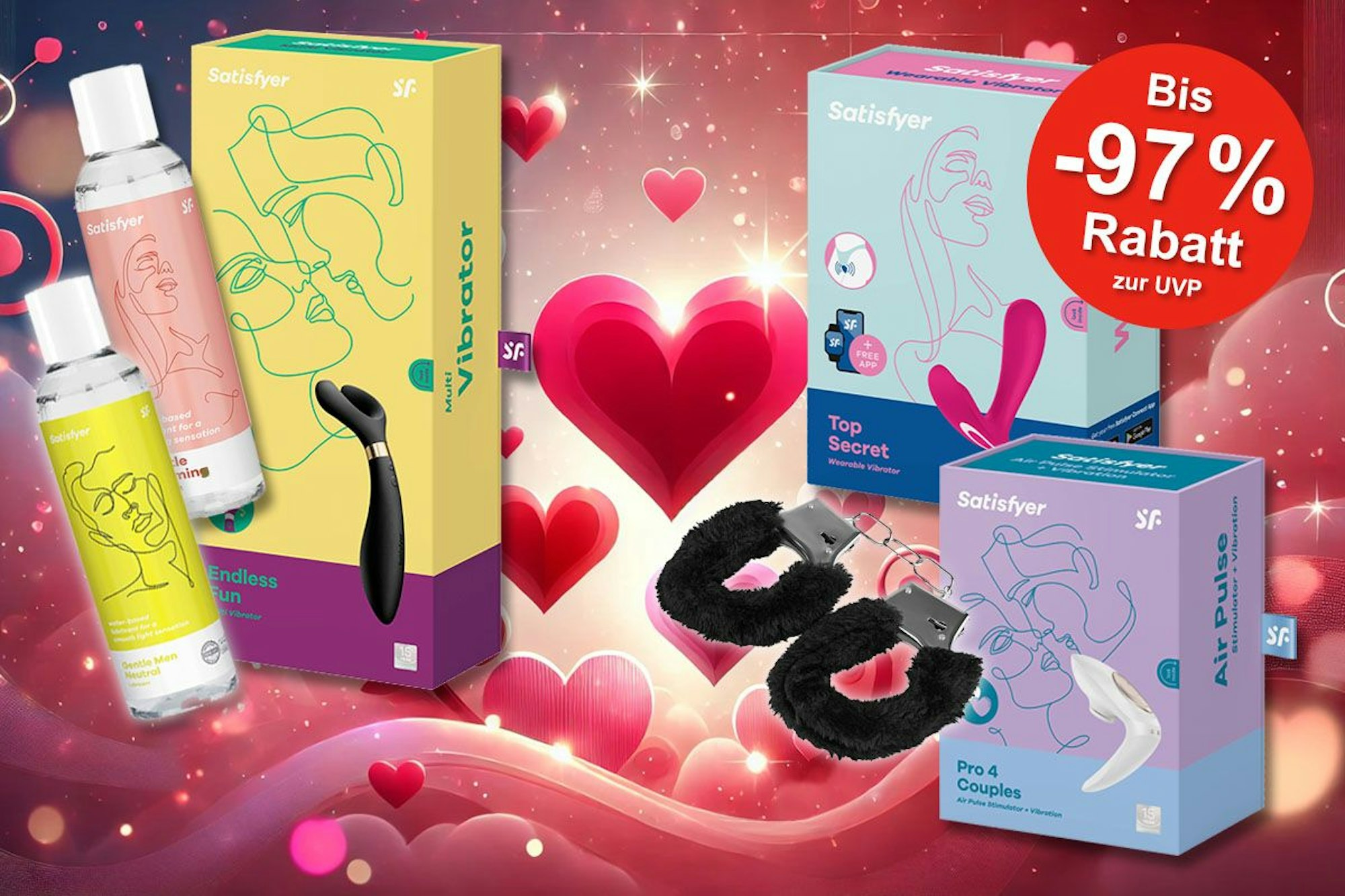 Zum Valentinstag Satisfyer Vibratoren und Toys und Massage-Gels vor einem Hintergrund mit vielen roten Herzen.