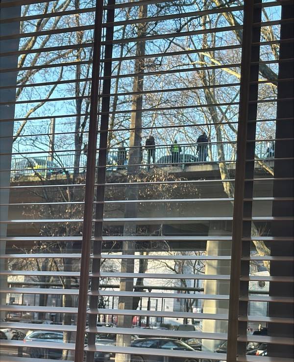 Mehrere Personen stehen auf einer Brücke.