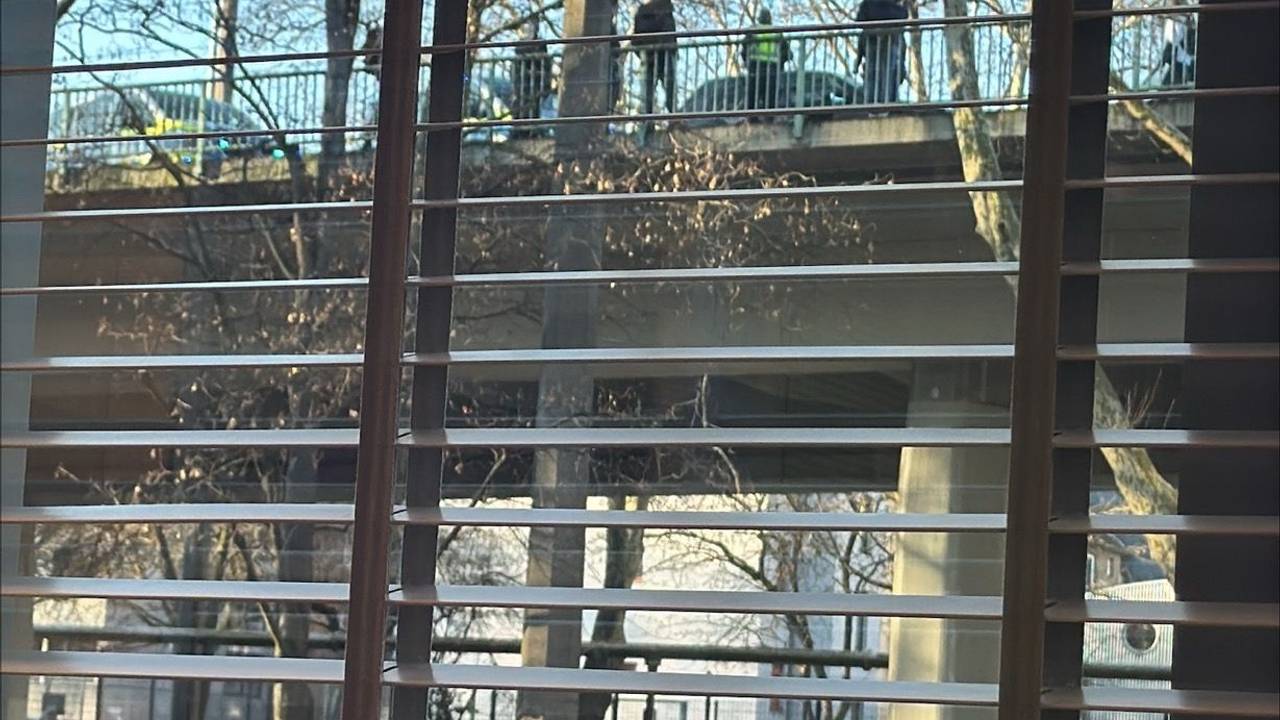 Mehrere Personen stehen auf einer Brücke.