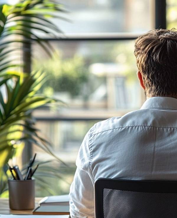 Ein Mann sitzt an seinem Schreibtisch mit einem Laptop. Er ist von hinten zu sehen.