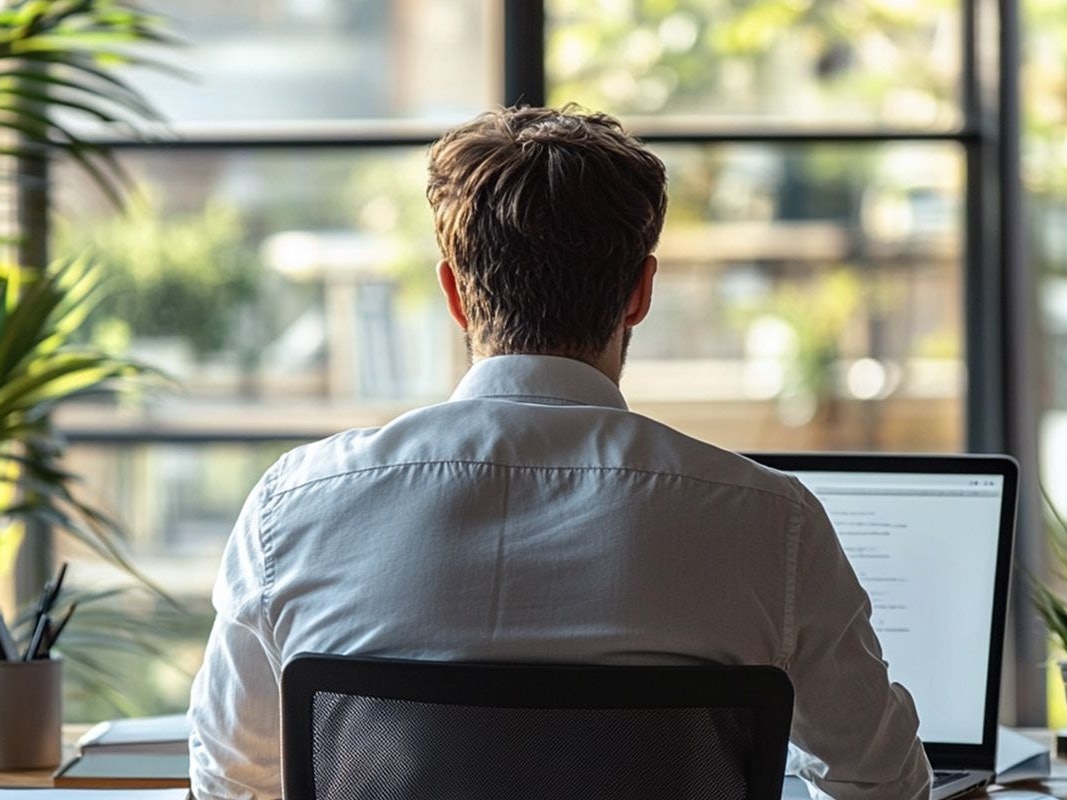 Ein Mann sitzt an seinem Schreibtisch mit einem Laptop. Er ist von hinten zu sehen.