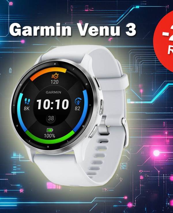 Ein Produktbild von der Garmin Venu 3 Smartwatch vor einem technischen Hintergrund