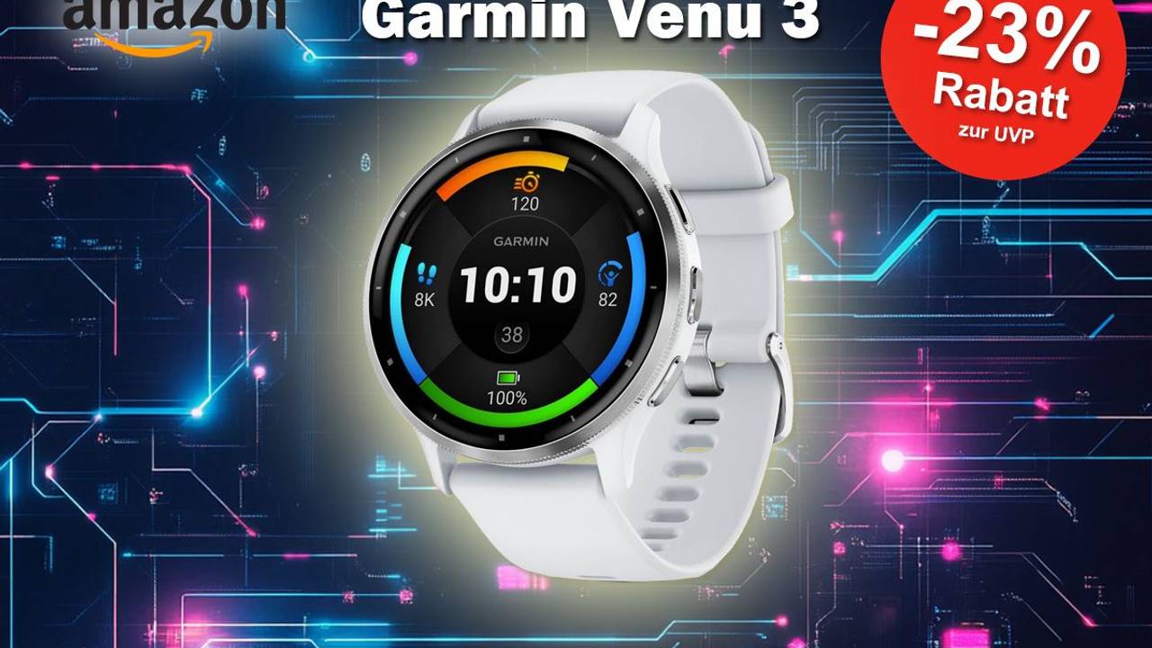 Ein Produktbild von der Garmin Venu 3 Smartwatch vor einem technischen Hintergrund