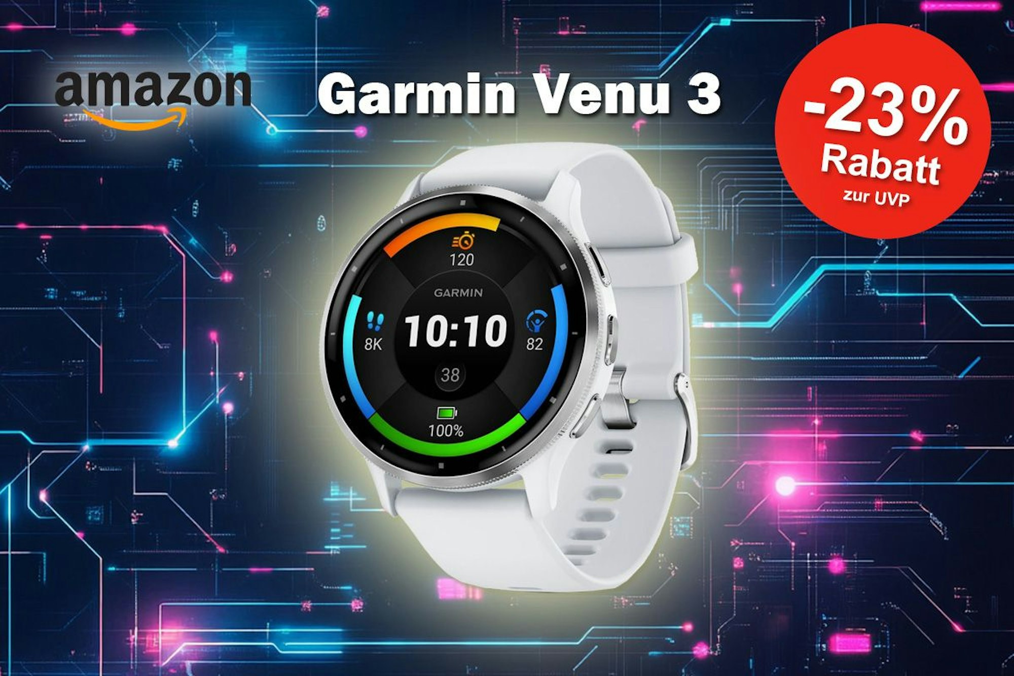 Ein Produktbild von der Garmin Venu 3 Smartwatch vor einem technischen Hintergrund