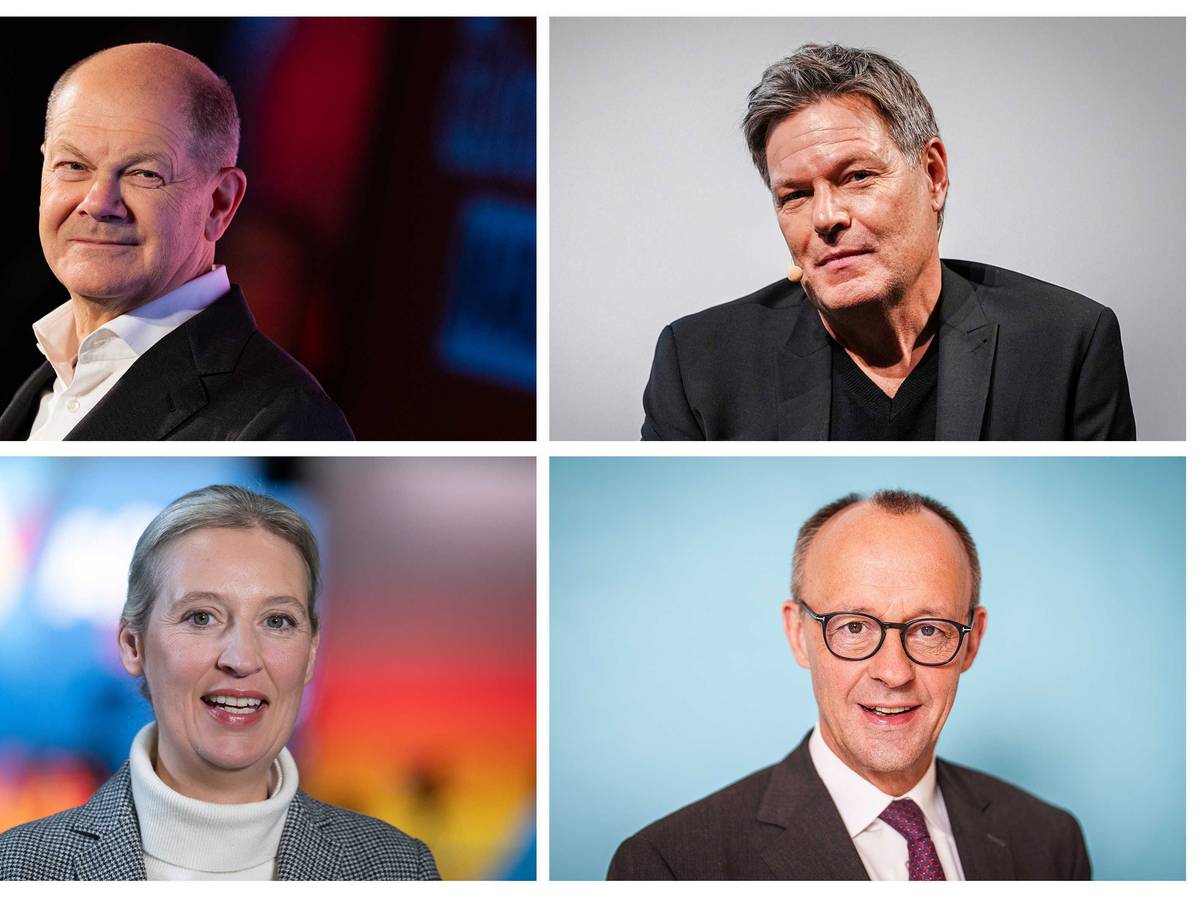 Bundeskanzler Olaf Scholz (SPD, oben, l), Robert Habeck (Bündnis 90/Die Grünen, oben, r), Bundesminister für Wirtschaft und Klimaschutz und Kanzlerkandidat der Grünen, Alice Weidel (AfD-Bundesvorsitzende und Kanzlerkandidatin der AfD), sowie Friedrich Merz (CDU-Bundesvorsitzender, CDU/CSU-Fraktionsvorsitzender im Bundestag und Unions-Kanzlerkandidat).