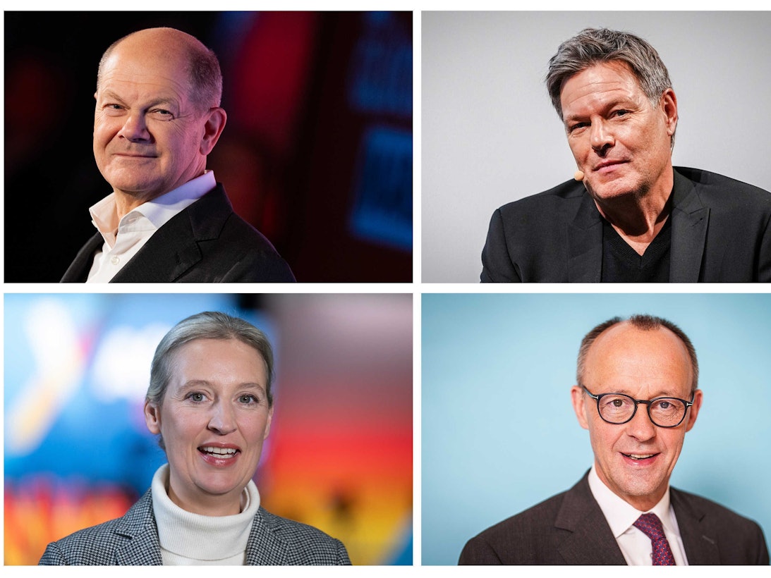 Bundeskanzler Olaf Scholz (SPD, oben, l), Robert Habeck (Bündnis 90/Die Grünen, oben, r), Bundesminister für Wirtschaft und Klimaschutz und Kanzlerkandidat der Grünen, Alice Weidel (AfD-Bundesvorsitzende und Kanzlerkandidatin der AfD), sowie Friedrich Merz (CDU-Bundesvorsitzender, CDU/CSU-Fraktionsvorsitzender im Bundestag und Unions-Kanzlerkandidat).