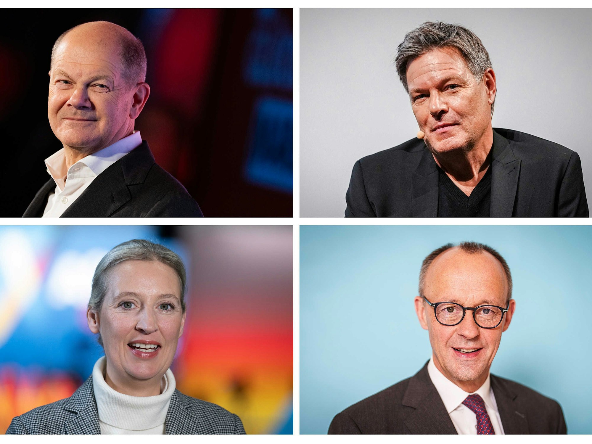 Bundeskanzler Olaf Scholz (SPD, oben, l), Robert Habeck (Bündnis 90/Die Grünen, oben, r), Bundesminister für Wirtschaft und Klimaschutz und Kanzlerkandidat der Grünen, Alice Weidel (AfD-Bundesvorsitzende und Kanzlerkandidatin der AfD), sowie Friedrich Merz (CDU-Bundesvorsitzender, CDU/CSU-Fraktionsvorsitzender im Bundestag und Unions-Kanzlerkandidat).