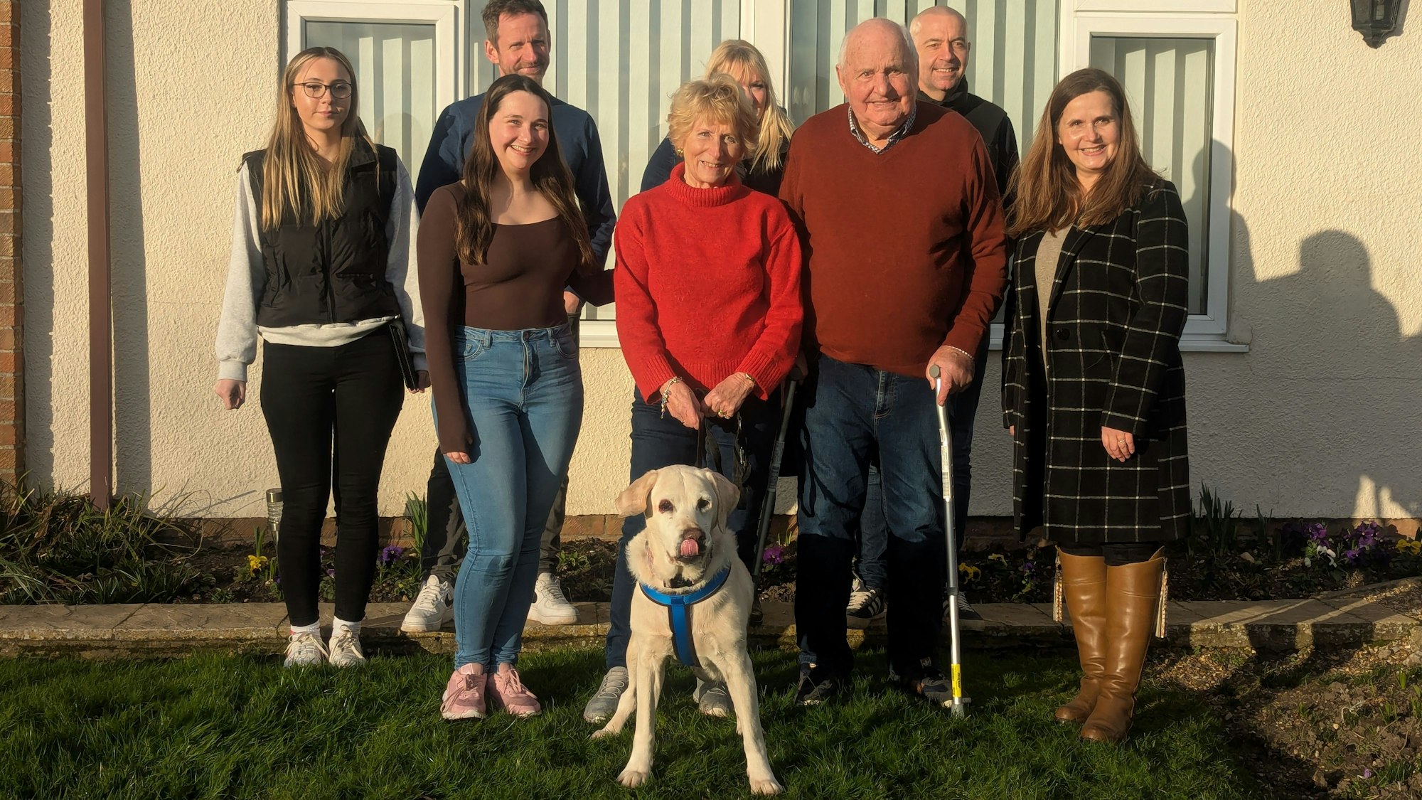 Foto der 2017 gestohlenen Labradorhündin Daisy im Garten mit ihrer Familie, aufgenommen im Februar 2025