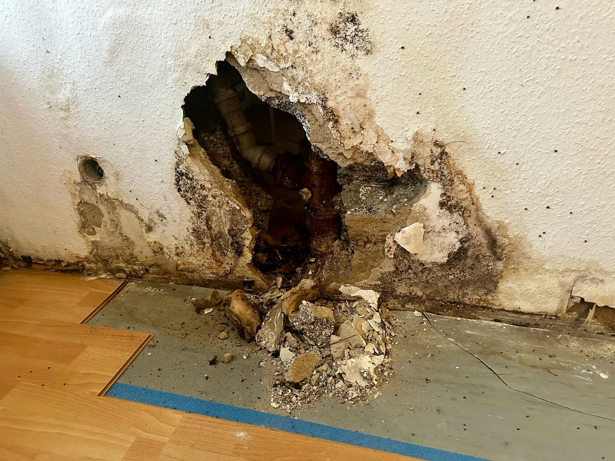 Das Loch wurde am 8. Januar 2025 in die Wand geschlagen. Seitdem tropft es weiterhin aus dem kaputten Rohr.