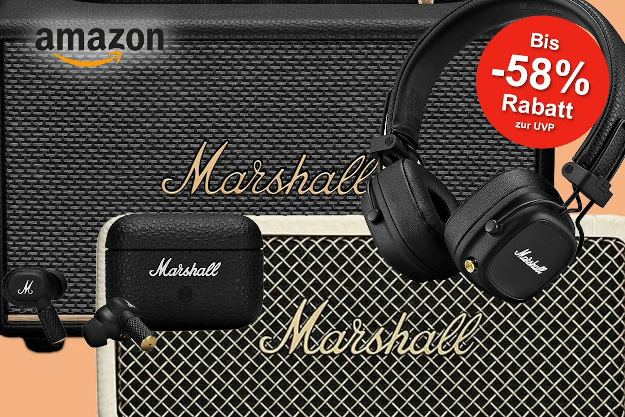 Darstellung von Marshall Lautsprechern und Kopfhörer bei Amazon