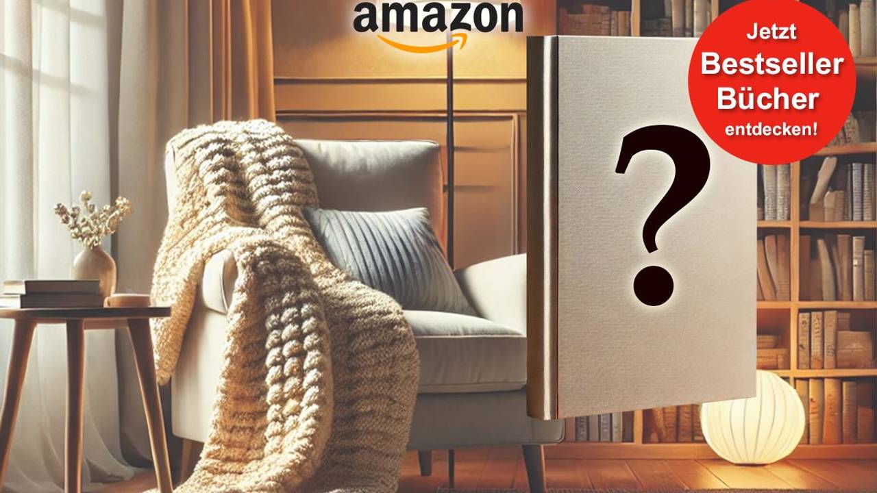 Eine gemütliche Leseecke mit einem Sessel und einem Bücherregal. Davor ist ein leeres Buchcover platziert auf dem ein Fragezeichen abgebildet ist.