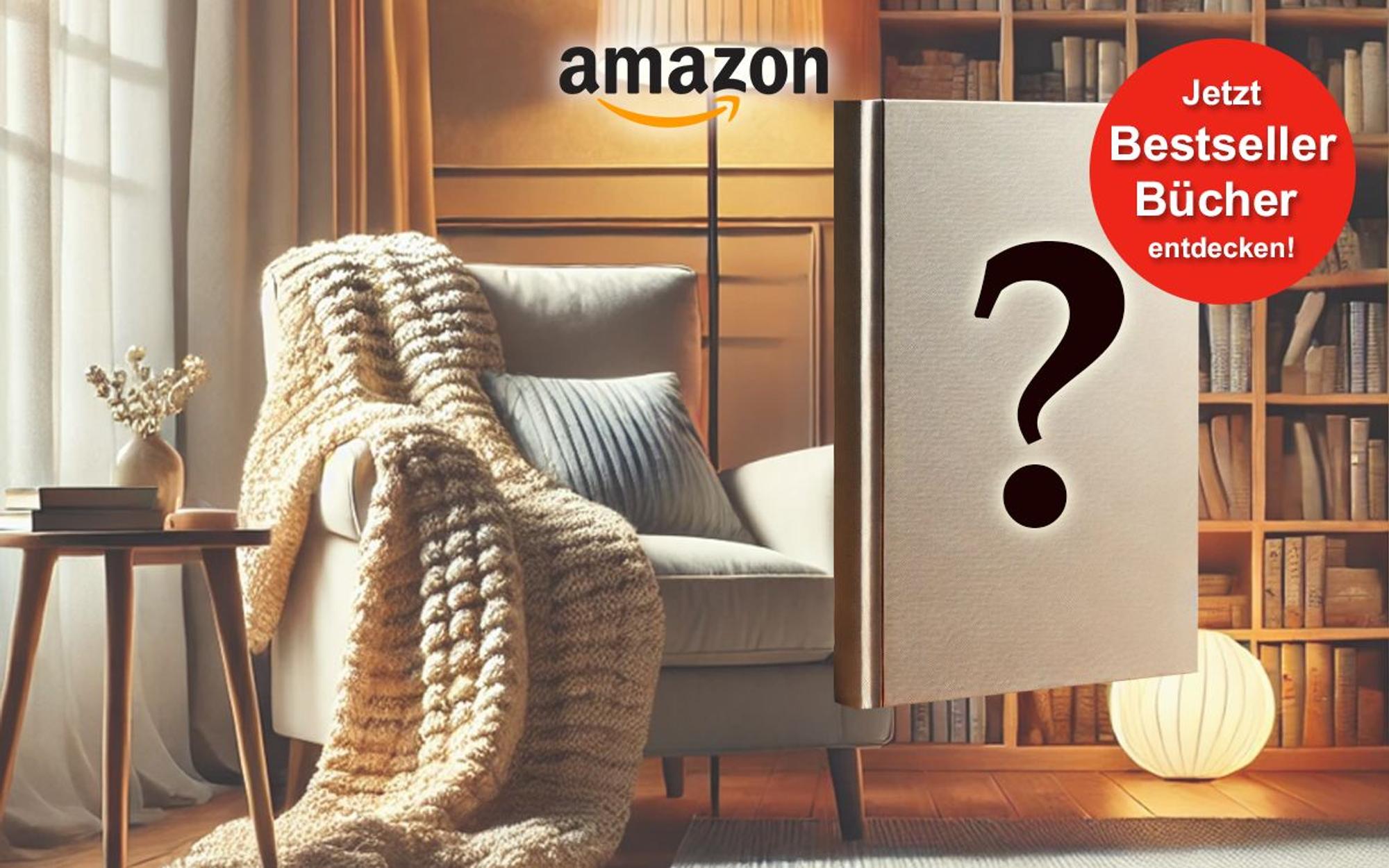 Eine gemütliche Leseecke mit einem Sessel und einem Bücherregal. Davor ist ein leeres Buchcover platziert auf dem ein Fragezeichen abgebildet ist.