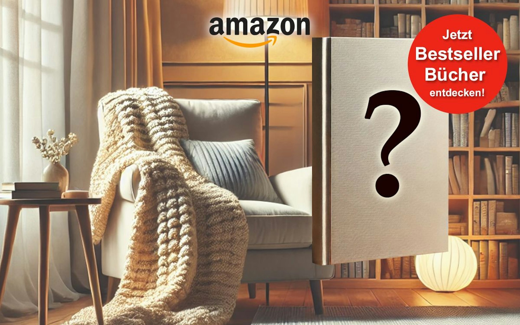 Eine gemütliche Leseecke mit einem Sessel und einem Bücherregal. Davor ist ein leeres Buchcover platziert auf dem ein Fragezeichen abgebildet ist.