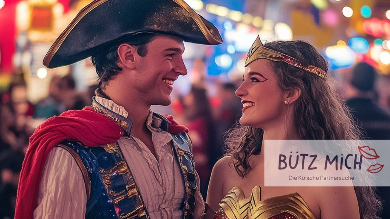 Ein fröhliches Paar, das sich beim Karneval in Köln kennenlernt, genießt den Moment inmitten der bunten Festlichkeiten. In seinen Piratenmantel gehüllt, lächelt er sie herzlich an, während sie in ihrem funkelnden Wonder Woman Kostüm strahlt – umgeben von leuchtenden Farben, Musik und der ausgelassenen Stimmung der Jecken.