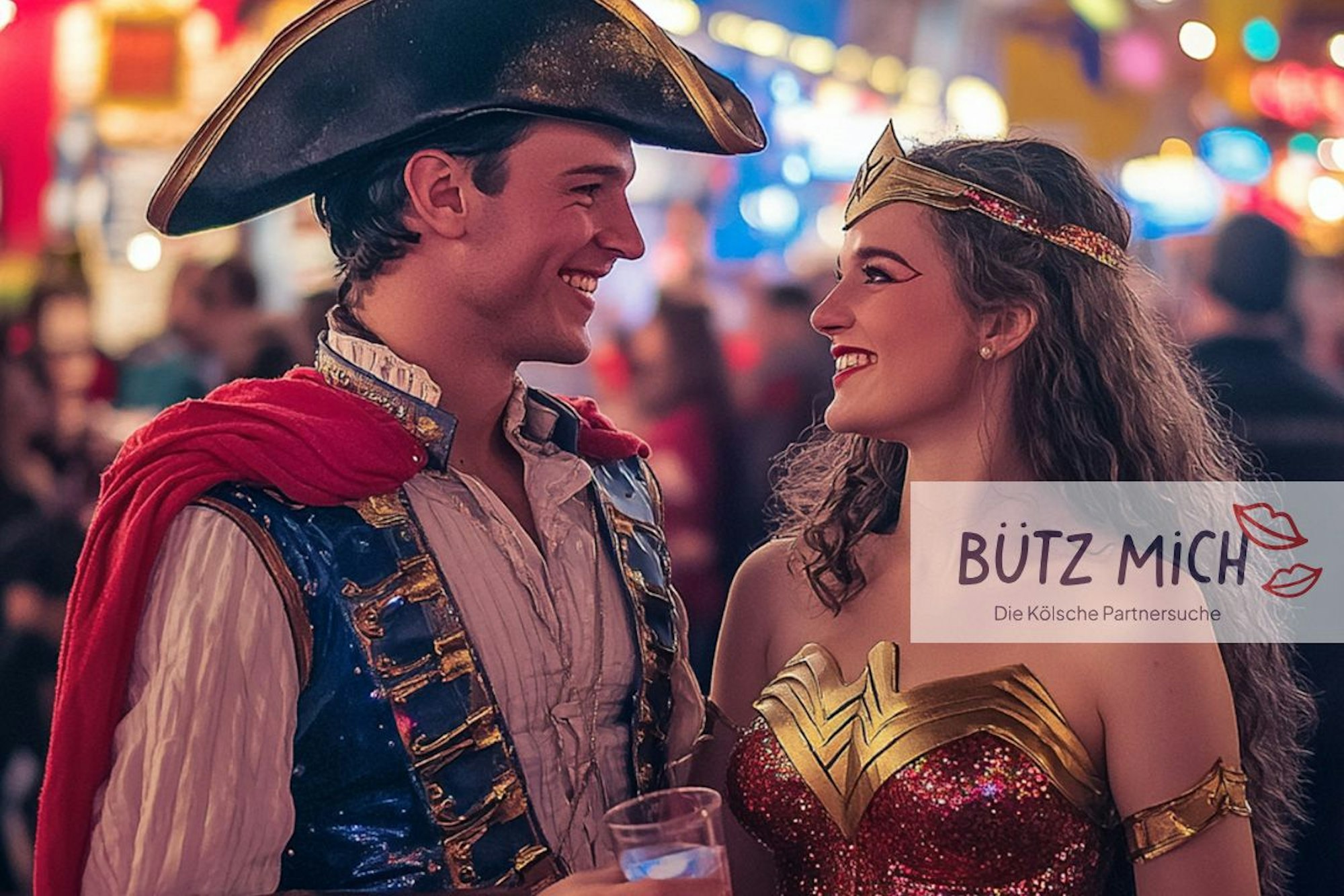 Ein fröhliches Paar, das sich beim Karneval in Köln kennenlernt, genießt den Moment inmitten der bunten Festlichkeiten. In seinen Piratenmantel gehüllt, lächelt er sie herzlich an, während sie in ihrem funkelnden Wonder Woman Kostüm strahlt – umgeben von leuchtenden Farben, Musik und der ausgelassenen Stimmung der Jecken.
