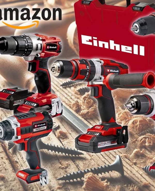 Einhell Akku-Bohrschrauber TE-CD 18/48 Li-i-Solo Power X-Change, TE-CD 12/1 Li +22+CL, TE-CD 18/40 Li-i +64, Einhell Professional Akku-Schlagschrauber IMPAXXO 18/400 und weitere mit Zubehör Koffer und Akku vor einem Werkstatt Holztisch mit Holzspänen und Schrauben.
