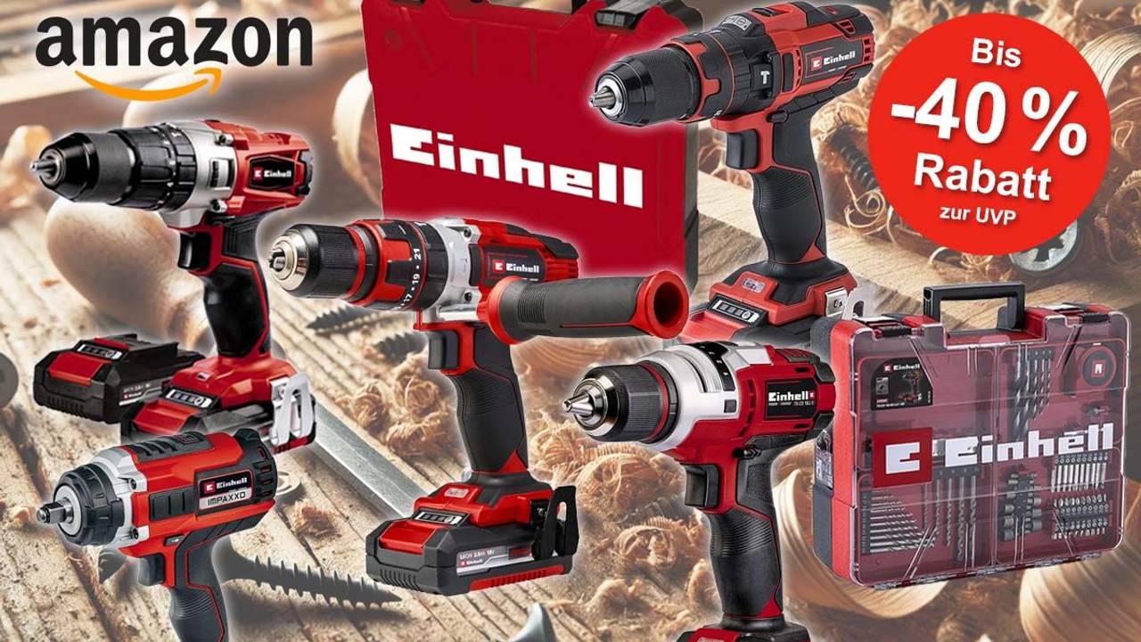 Einhell Akku-Bohrschrauber TE-CD 18/48 Li-i-Solo Power X-Change, TE-CD 12/1 Li +22+CL, TE-CD 18/40 Li-i +64, Einhell Professional Akku-Schlagschrauber IMPAXXO 18/400 und weitere mit Zubehör Koffer und Akku vor einem Werkstatt Holztisch mit Holzspänen und Schrauben.