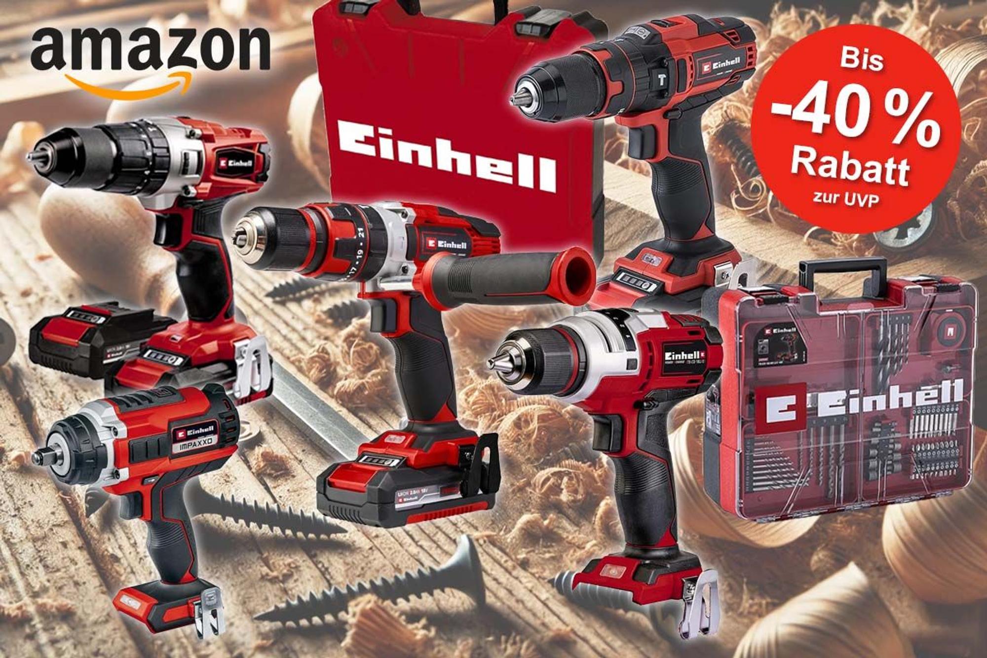 Einhell Akku-Bohrschrauber TE-CD 18/48 Li-i-Solo Power X-Change, TE-CD 12/1 Li +22+CL, TE-CD 18/40 Li-i +64, Einhell Professional Akku-Schlagschrauber IMPAXXO 18/400 und weitere mit Zubehör Koffer und Akku vor einem Werkstatt Holztisch mit Holzspänen und Schrauben.