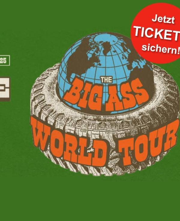 Bild der Post Malone The BIG ASS World Tour mit einem Globus in einem Reifen. Der Hintergrund ist grün.