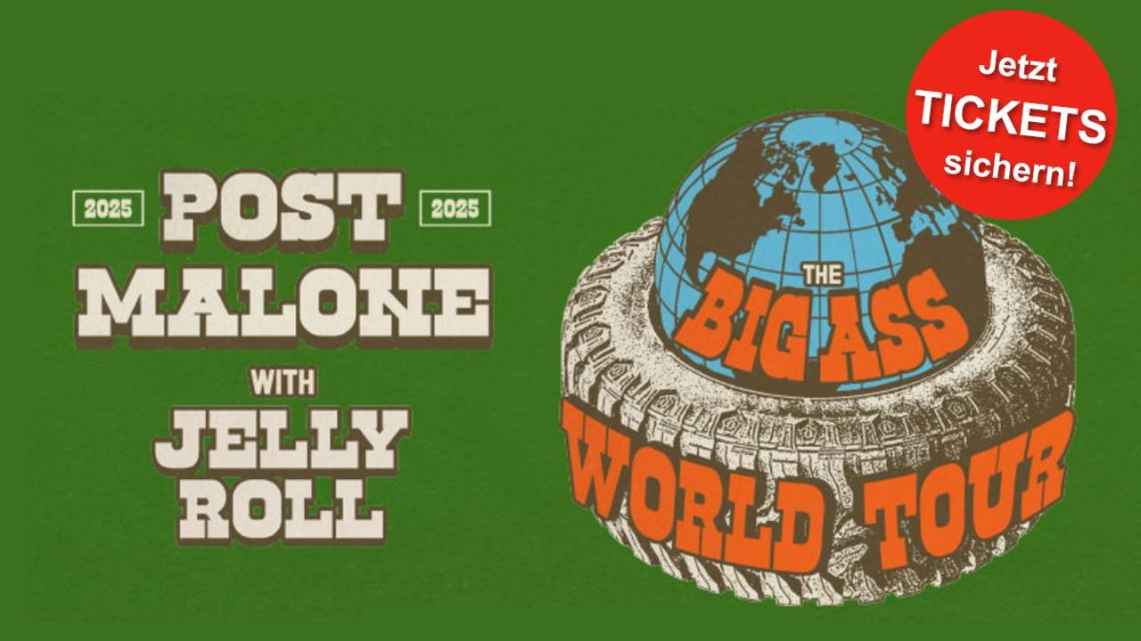 Bild der Post Malone The BIG ASS World Tour mit einem Globus in einem Reifen. Der Hintergrund ist grün.
