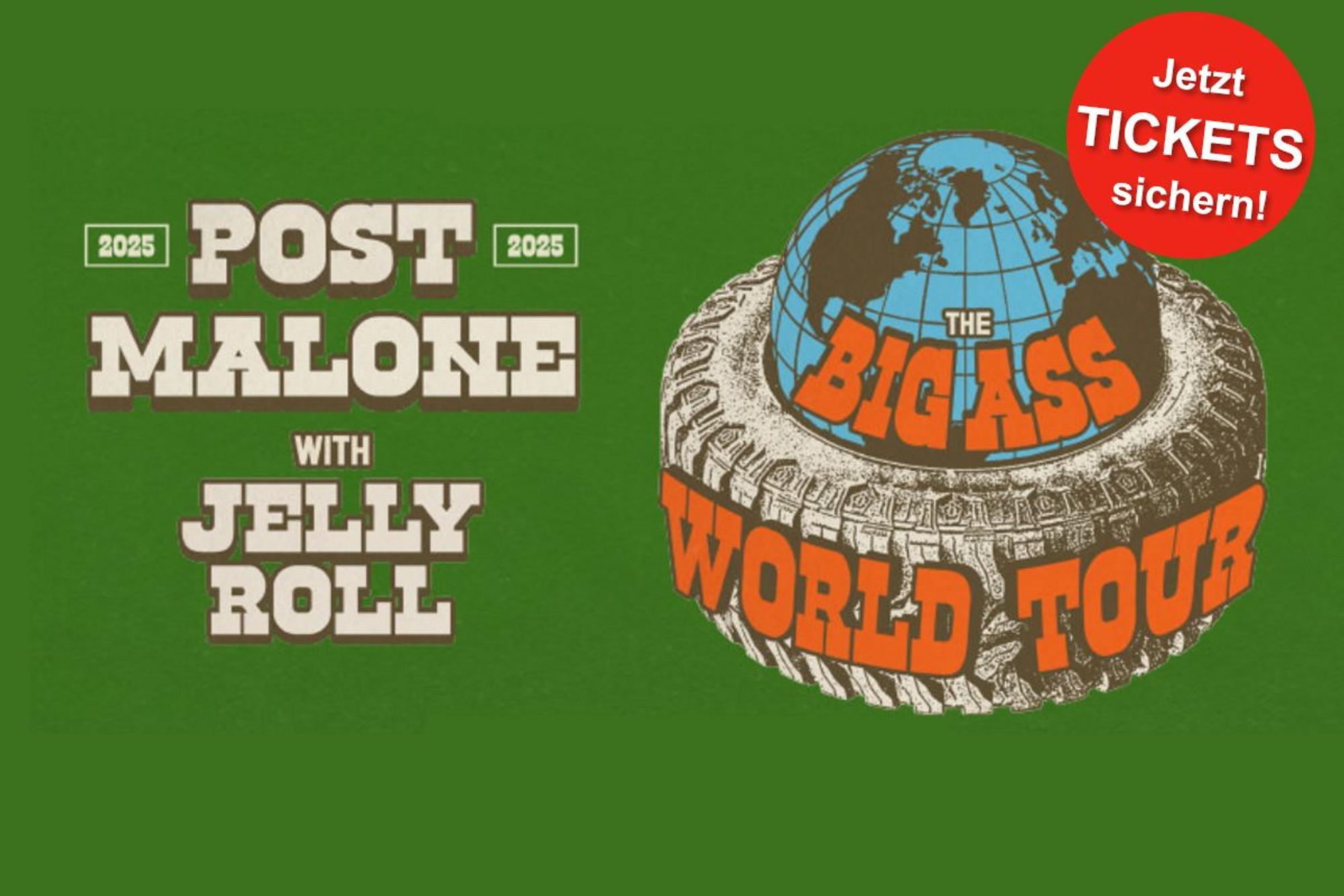 Bild der Post Malone The BIG ASS World Tour mit einem Globus in einem Reifen. Der Hintergrund ist grün.