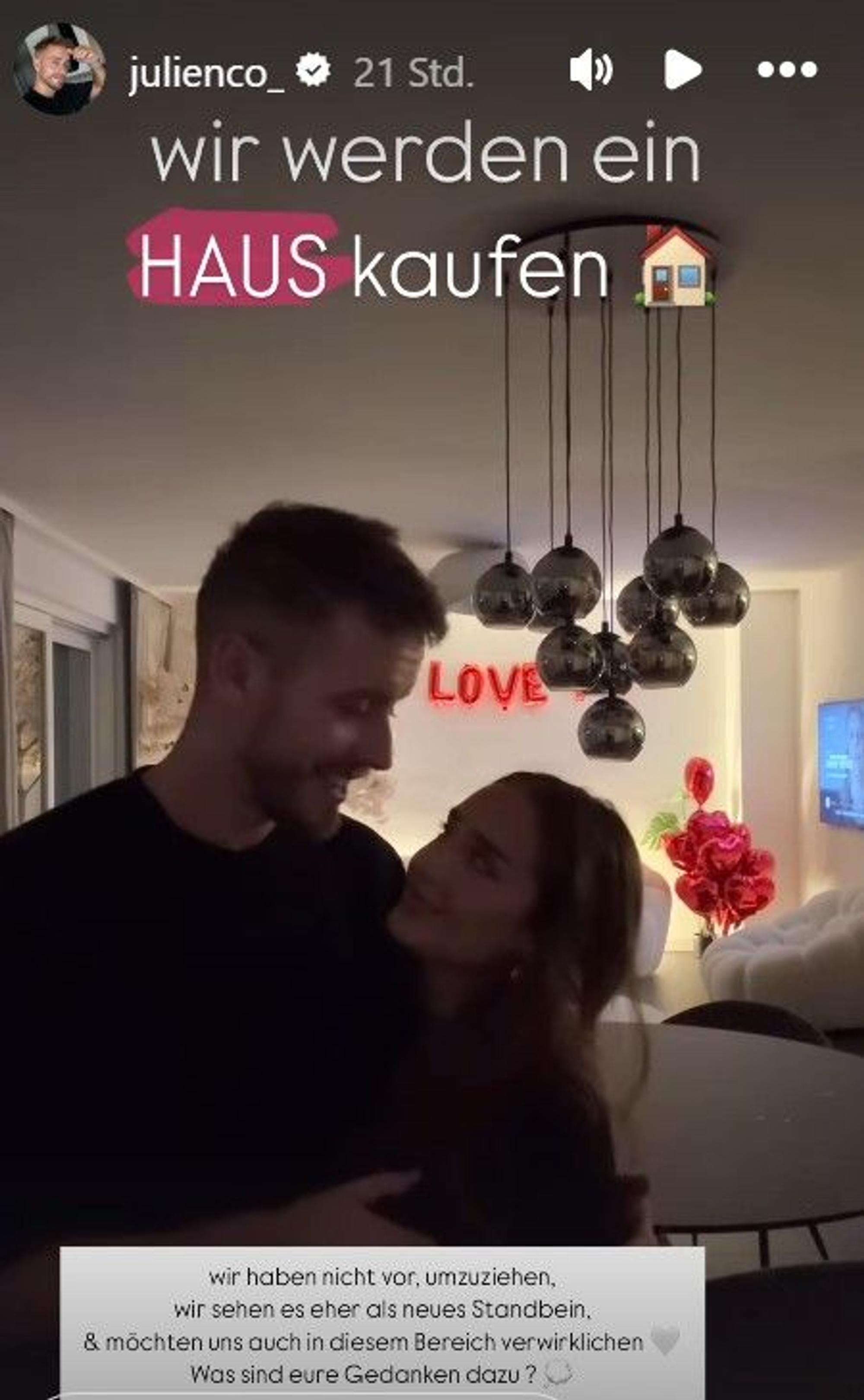 Zu sehen sind Julian Claßen und seine Freundin Palina in seiner Instagram-Story.