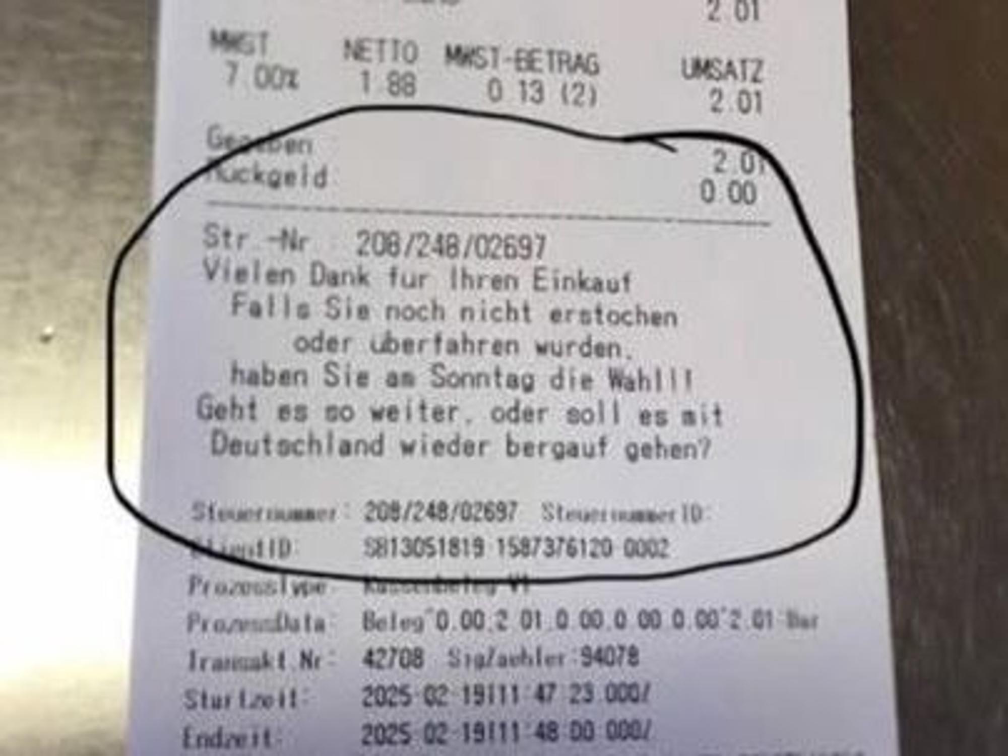 Ein Kassenzettel eines Bäckers aus Sachsen mit Wahl-Empfehlung sorgt kurz vor der Bundestagswahl 2025 für Aufregung.