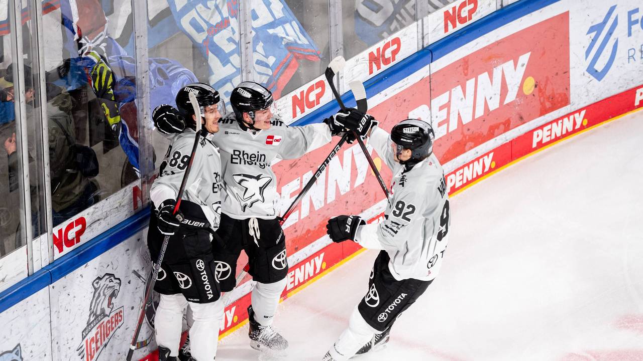 Gregor MacLeod, Justin Schütz und Hakon Hänelt von den Kölner Haien jubeln über ein Tor.