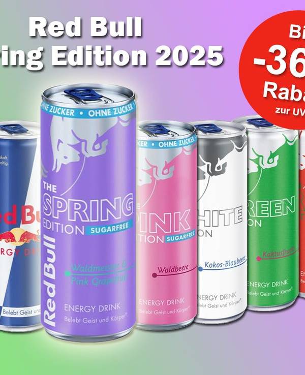 Produktbilder von 11 verschiedenen Red Bull Sorten. Zentral im Fokus ist die neue Red Bull Sorte Waldmeister-Pink Grapefruit