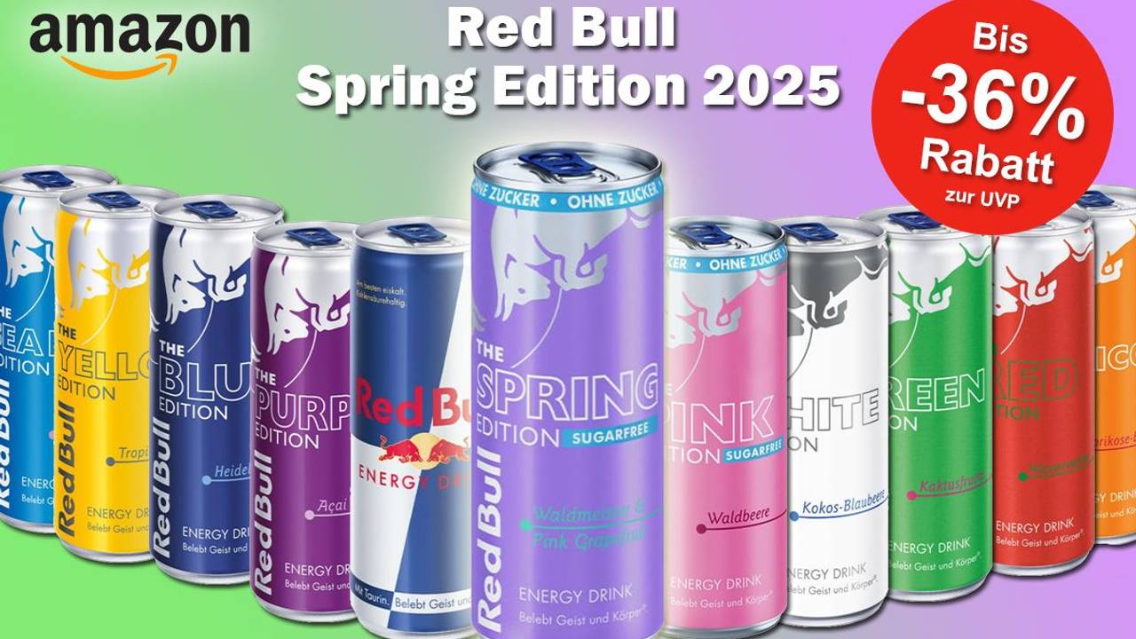 Produktbilder von 11 verschiedenen Red Bull Sorten. Zentral im Fokus ist die neue Red Bull Sorte Waldmeister-Pink Grapefruit