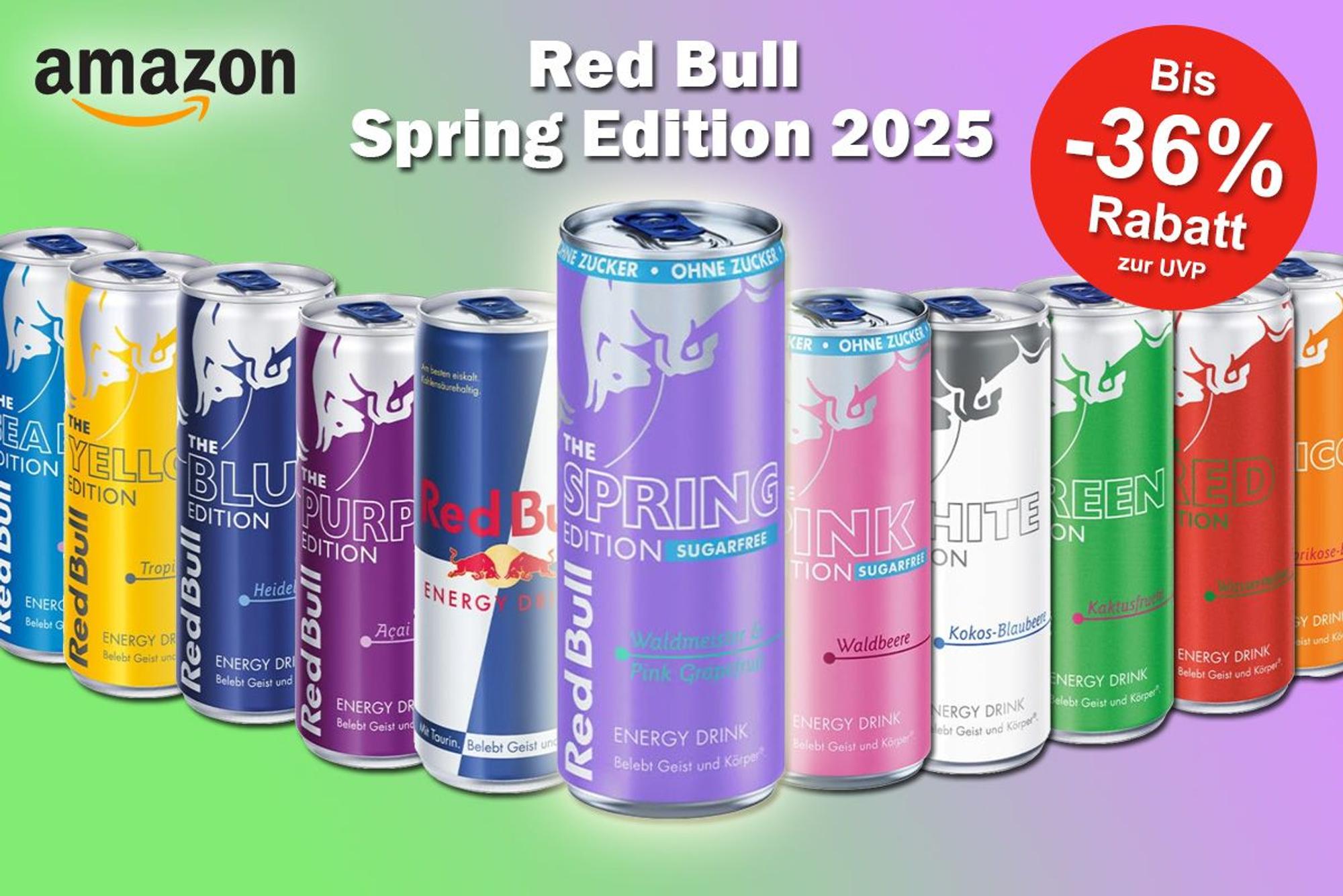 Produktbilder von 11 verschiedenen Red Bull Sorten. Zentral im Fokus ist die neue Red Bull Sorte Waldmeister-Pink Grapefruit