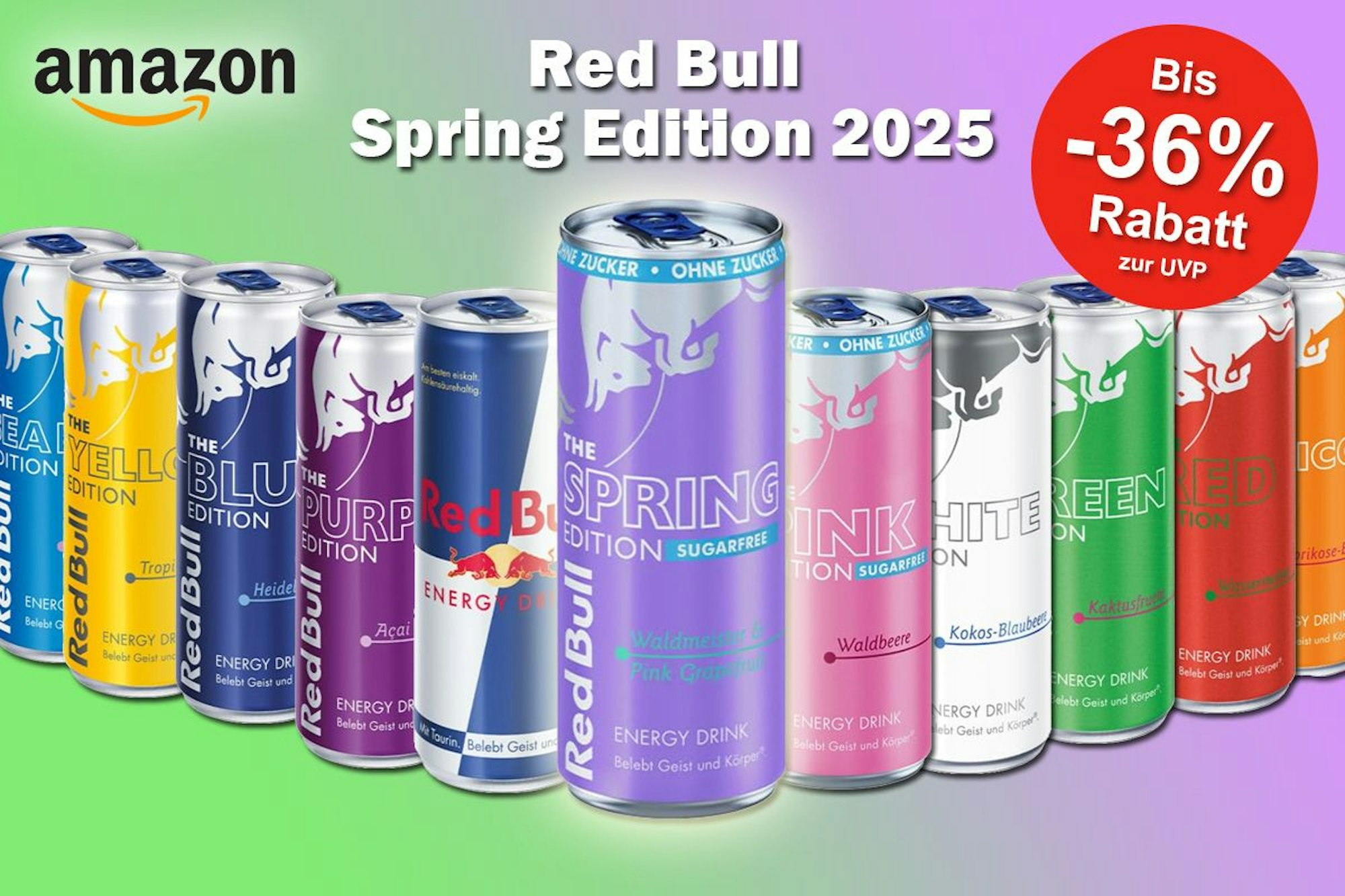 Produktbilder von 11 verschiedenen Red Bull Sorten. Zentral im Fokus ist die neue Red Bull Sorte Waldmeister-Pink Grapefruit