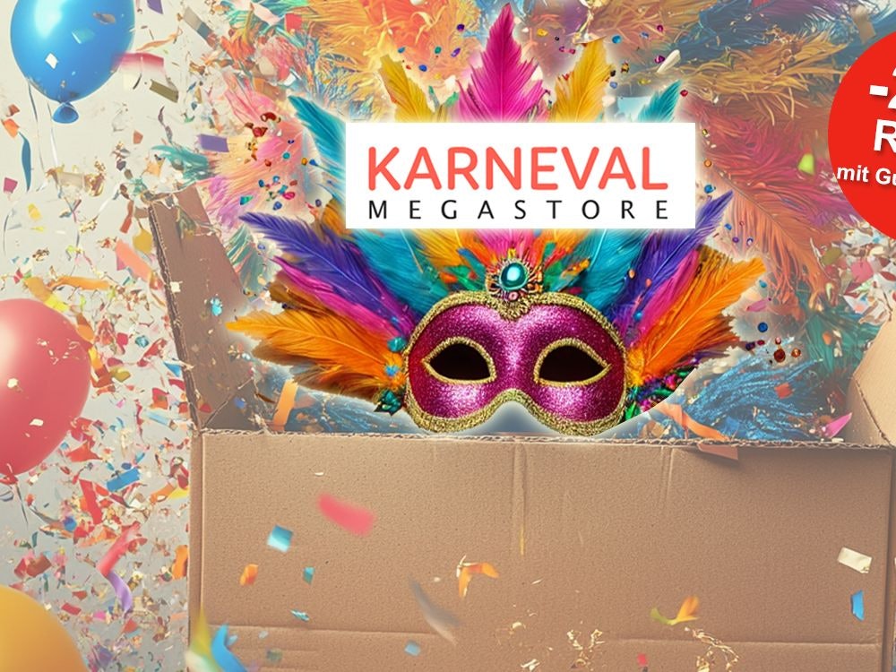 Aus einem Paket kommt bunte Karnevalsdekoration mit einer Maske, Luftschlangen, Ballons und Konfetti.