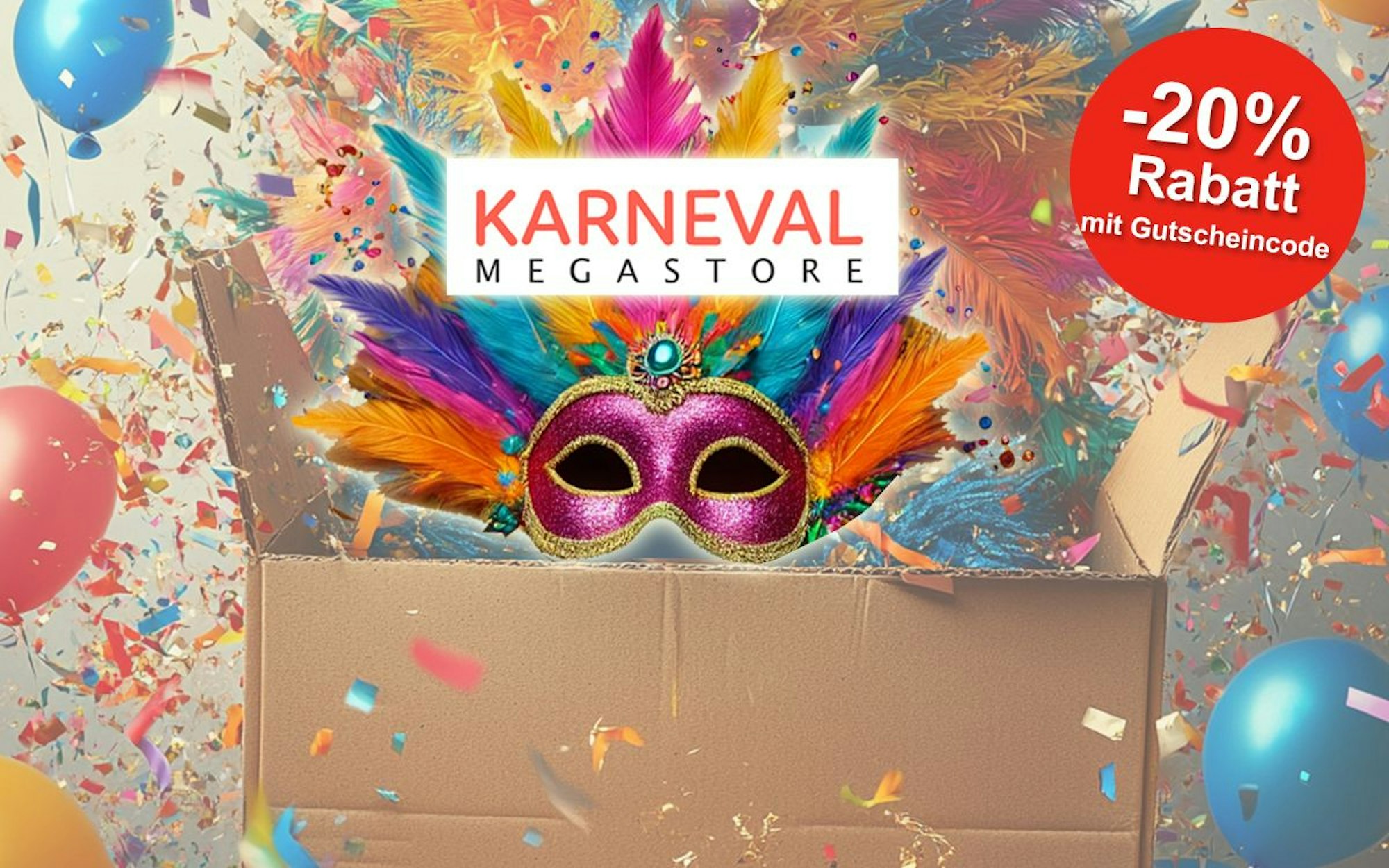 Aus einem Paket kommt bunte Karnevalsdekoration mit einer Maske, Luftschlangen, Ballons und Konfetti.