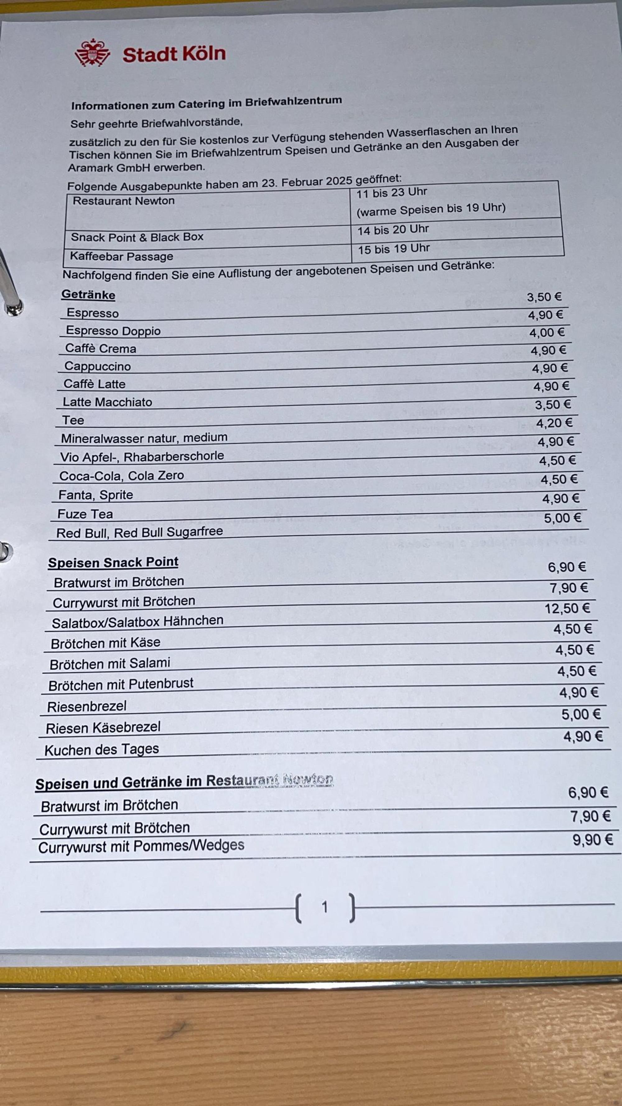 Die Preisliste in der Koelnmesse während der Wahl 2025.