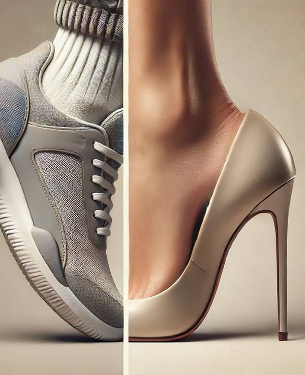 Das Bild ist zweigeteilt. Auf der einen Hälfte sieht man einen Sneaker auf der anderen Hälfte einen Pump.