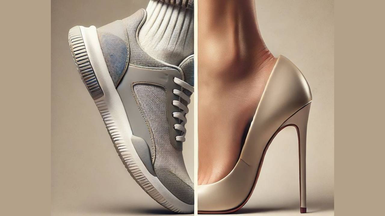 Das Bild ist zweigeteilt. Auf der einen Hälfte sieht man einen Sneaker auf der anderen Hälfte einen Pump.
