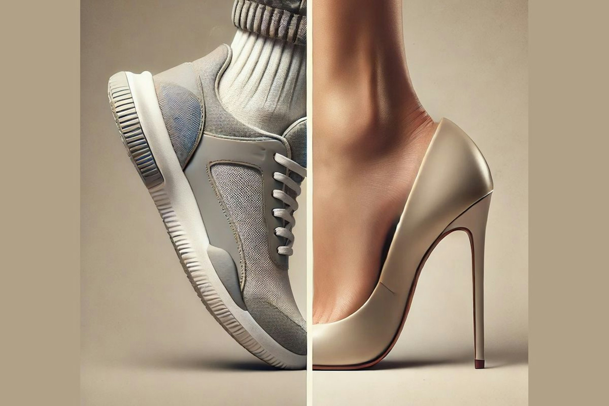 Das Bild ist zweigeteilt. Auf der einen Hälfte sieht man einen Sneaker auf der anderen Hälfte einen Pump.