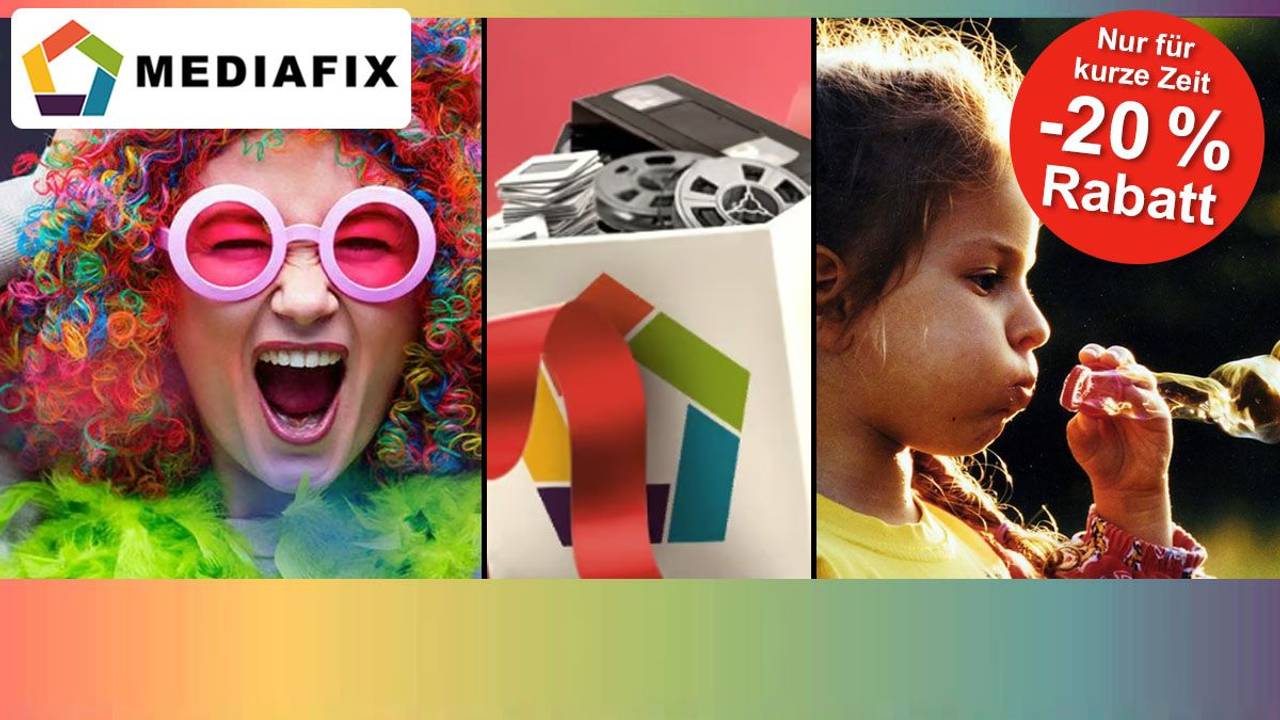 Dias, Musikkassetten, VHS Videokassetten, Tonbänder, Fotos und Mediafix Logo. Daneben Bilder von einer Frau mit einer Karnevalsperücke und einer rosa Sonnenbrille auf und einem Mädchen, dass Seifenblasen fliegen lässt.