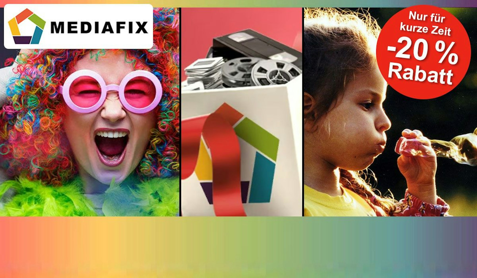 Dias, Musikkassetten, VHS Videokassetten, Tonbänder, Fotos und Mediafix Logo. Daneben Bilder von einer Frau mit einer Karnevalsperücke und einer rosa Sonnenbrille auf und einem Mädchen, dass Seifenblasen fliegen lässt.