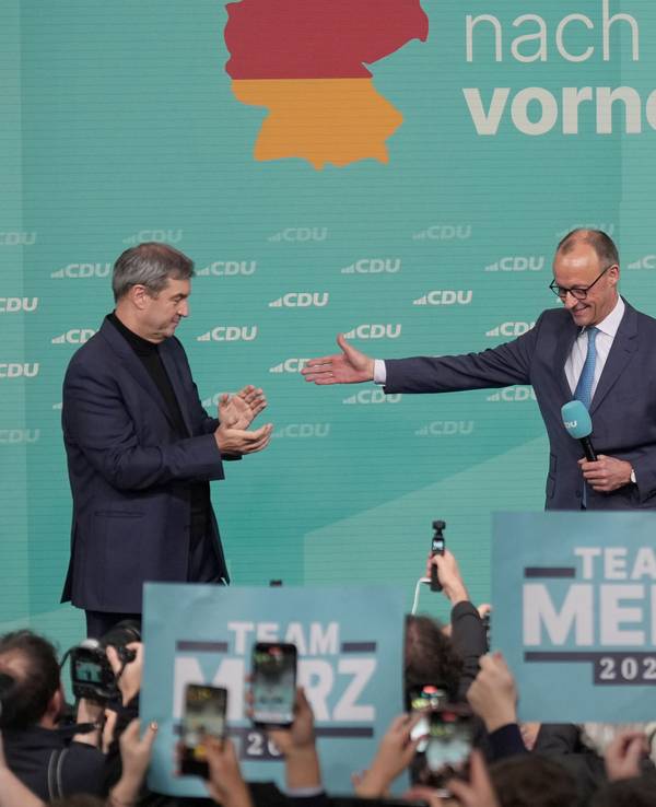 Friedrich Merz und Markus Söder auf der Bühne im Konrad-Adenauer-Haus der CDU in Berlin.