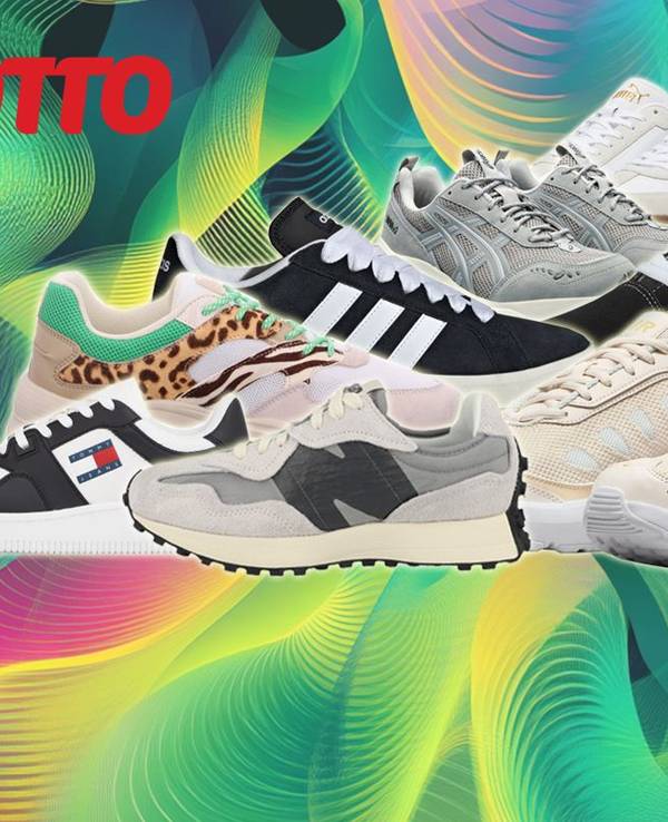 Verschiedene Sneaker Modelle von Marken wie adidas, Nike, New Balance, Vans, ASICS, Puma und mehr sind vor einem Hintergrund mit einem Neonmuster angeodnet.
