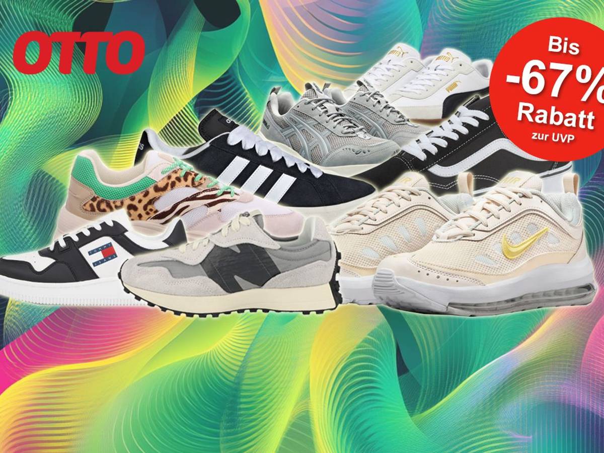 Verschiedene Sneaker Modelle von Marken wie adidas, Nike, New Balance, Vans, ASICS, Puma und mehr sind vor einem Hintergrund mit einem Neonmuster angeodnet.