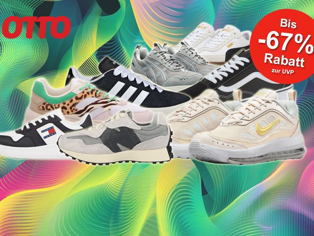 Verschiedene Sneaker Modelle von Marken wie adidas, Nike, New Balance, Vans, ASICS, Puma und mehr sind vor einem Hintergrund mit einem Neonmuster angeodnet.