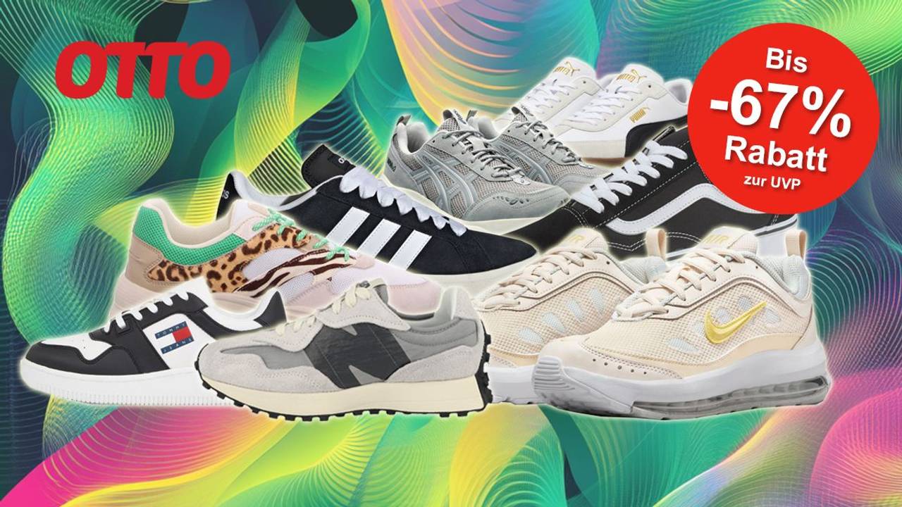 Verschiedene Sneaker Modelle von Marken wie adidas, Nike, New Balance, Vans, ASICS, Puma und mehr sind vor einem Hintergrund mit einem Neonmuster angeodnet.
