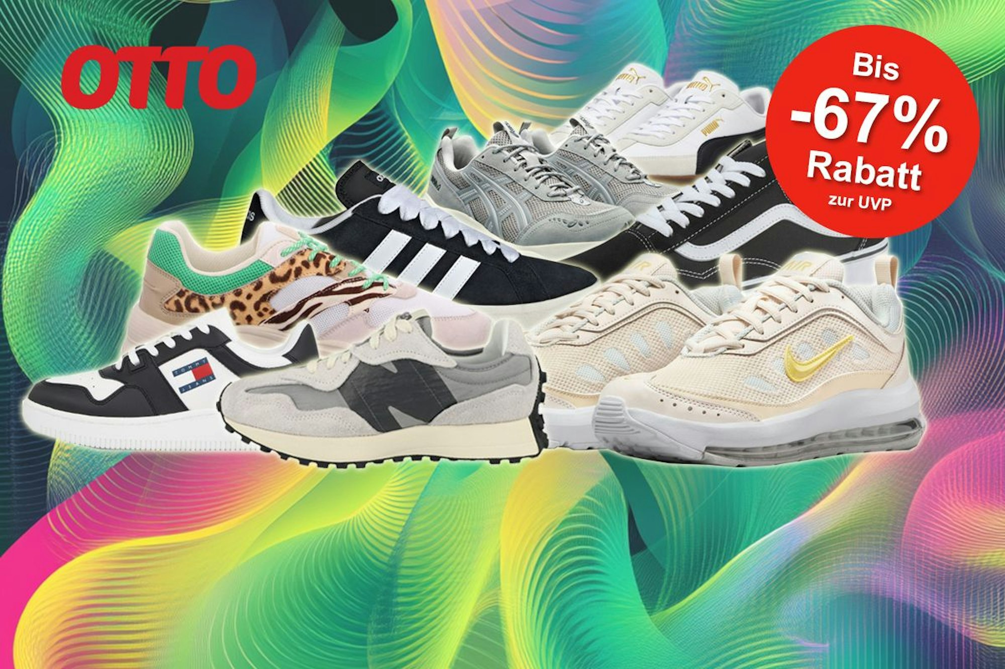 Verschiedene Sneaker Modelle von Marken wie adidas, Nike, New Balance, Vans, ASICS, Puma und mehr sind vor einem Hintergrund mit einem Neonmuster angeodnet.