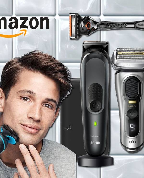 Eine Darstellung von verschiedenen Braun-Rasierern und einem Gillette-Rasierer vor einem Hintergrund aus glänzenden Badezimmerfliesen. Ein roter Kreis hebt den aktuellen Amazon-Rabatt von bis zu 38 % zur UVP hervor, während ein Mann den Rasierer demonstriert.