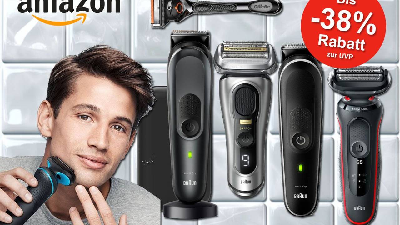 Eine Darstellung von verschiedenen Braun-Rasierern und einem Gillette-Rasierer vor einem Hintergrund aus glänzenden Badezimmerfliesen. Ein roter Kreis hebt den aktuellen Amazon-Rabatt von bis zu 38 % zur UVP hervor, während ein Mann den Rasierer demonstriert.