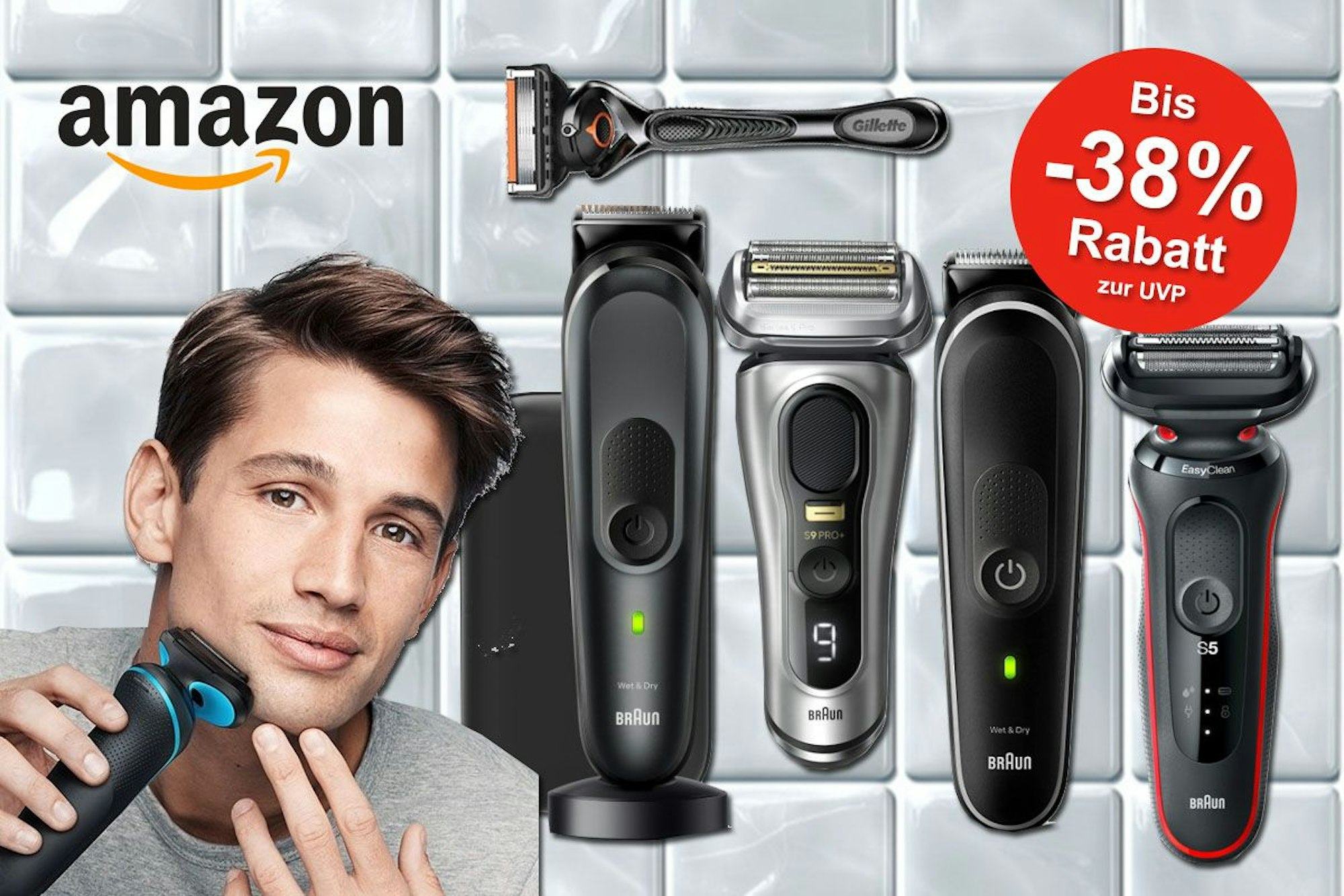 Eine Darstellung von verschiedenen Braun-Rasierern und einem Gillette-Rasierer vor einem Hintergrund aus glänzenden Badezimmerfliesen. Ein roter Kreis hebt den aktuellen Amazon-Rabatt von bis zu 38 % zur UVP hervor, während ein Mann den Rasierer demonstriert.
