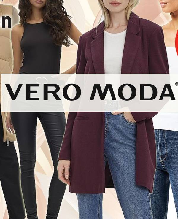 Anordnung verschiedener Vero Moda Kleidungsstücke vor einem Hintergrund mit einem hellen Muster.